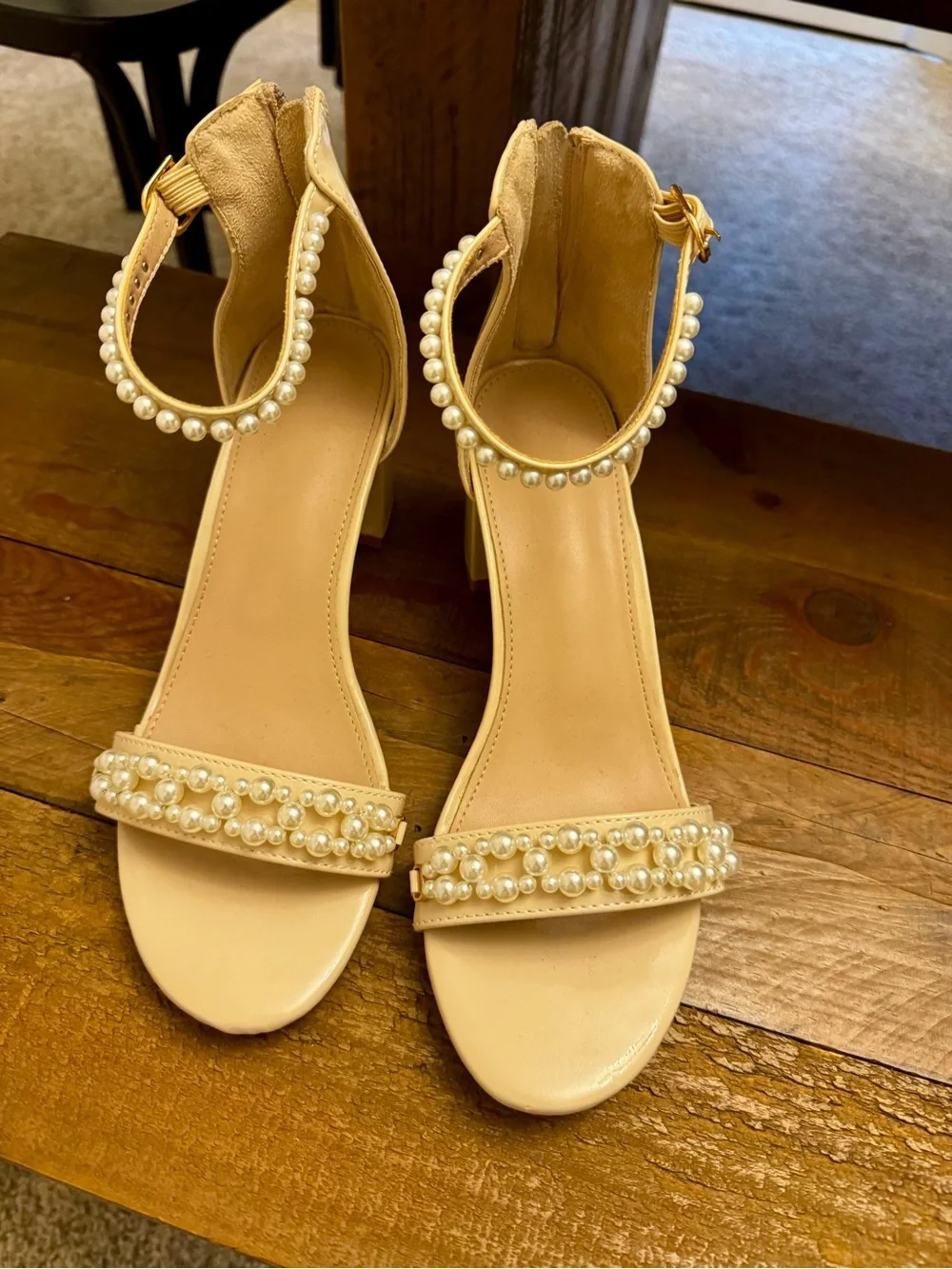 Tory Burch Pearl-Embellished Ankle-Strap Sandals — Beige
